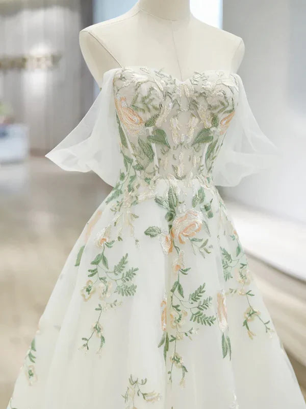 White exquisite floral fashion short sleeve long tulle floor length ball gown, evening dress, party dress gh3524