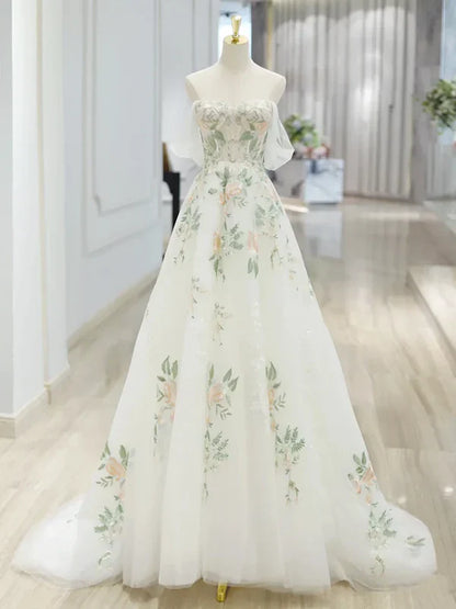 White exquisite floral fashion short sleeve long tulle floor length ball gown, evening dress, party dress gh3524