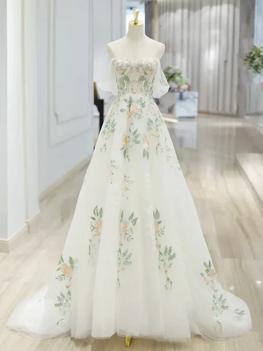 White exquisite floral fashion short sleeve long tulle floor length ball gown, evening dress, party dress gh3524