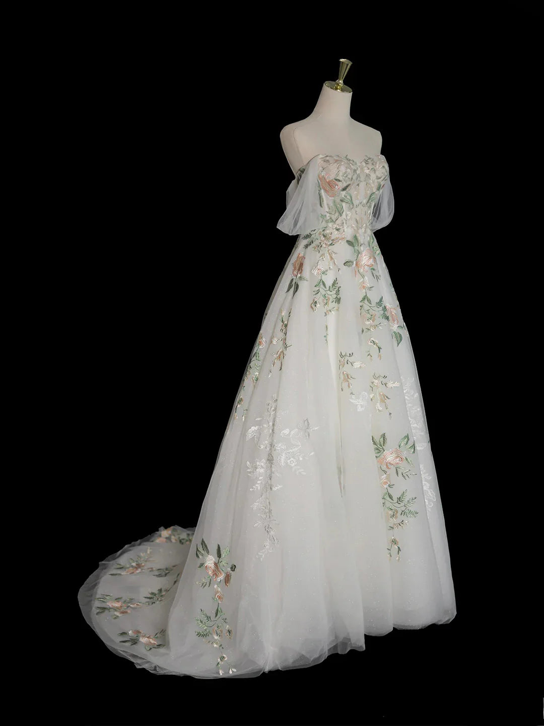 A-Line Off Shoulder Tulle Lace Applique White Long Prom Dress, White Long Formal Dress ED0600