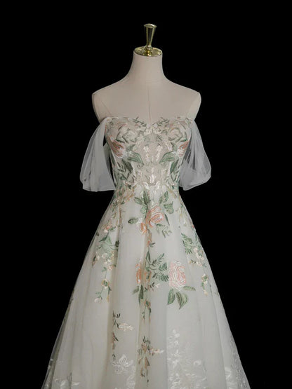 White exquisite floral fashion short sleeve long tulle floor length ball gown, evening dress, party dress gh3524