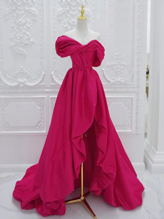A-Line Off Shoulder Satin Rose Red Long Prom Dress, Rose Red Long Evening Dress ED0601