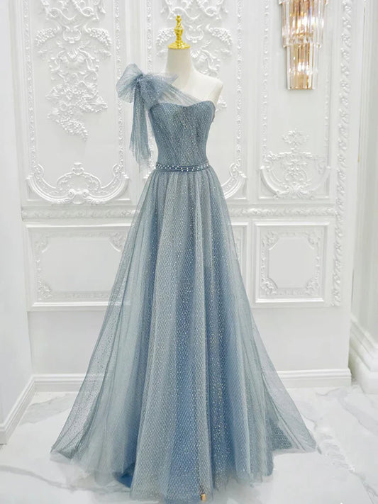 A-Line One Shoulder Tulle Sequin Gray Blue Long Prom Dress, Sequin Long Formal Dress ED0602