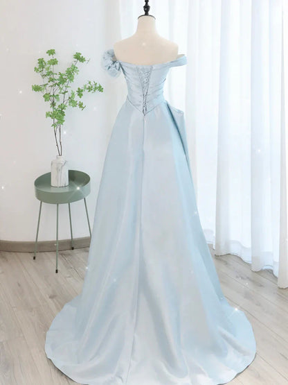 A-Line Blue Satin Tulle Long Prom Dress, Blue Tulle Long Evening Dresses ED0604