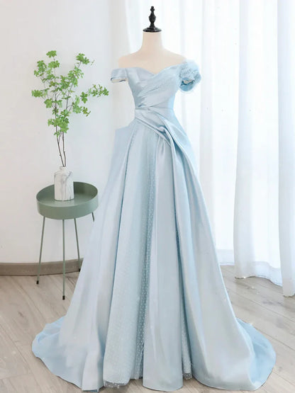 A-Line Blue Satin Tulle Long Prom Dress, Blue Tulle Long Evening Dresses ED0604