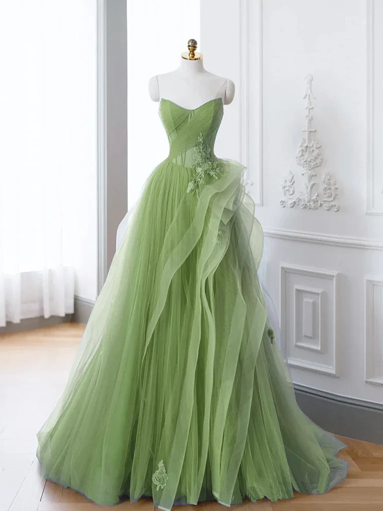 A-Line Tulle Lace Green Long Prom Dress, Green lace Long Formal Dress ED0605