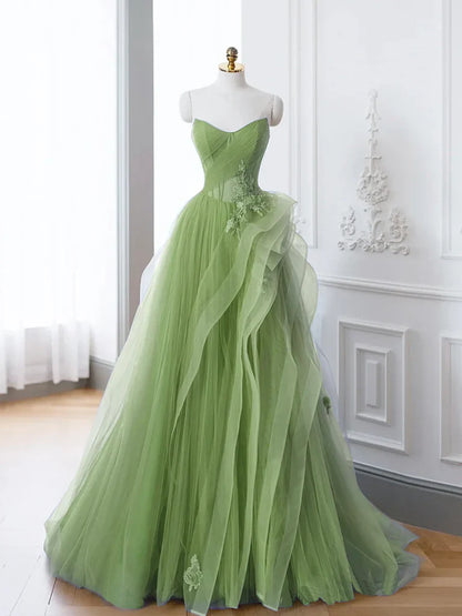 A-Line Tulle Lace Green Long Prom Dress, Green lace Long Formal Dress ED0605