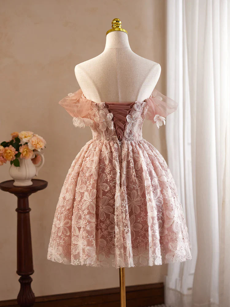 A-Line Off Shoulder Tulle Lace Pink Short Prom Dress, Pink Homecoming Dress ED0606