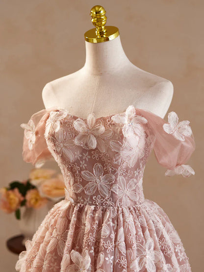 A-Line Off Shoulder Tulle Lace Pink Short Prom Dress, Pink Homecoming Dress ED0606