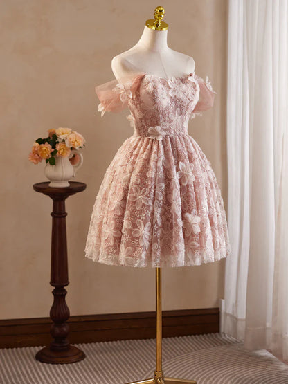 A-Line Off Shoulder Tulle Lace Pink Short Prom Dress, Pink Homecoming Dress ED0606