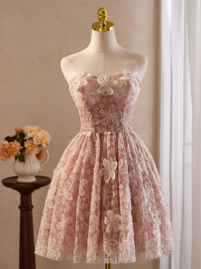 A-Line Off Shoulder Tulle Lace Pink Short Prom Dress, Pink Homecoming Dress ED0606