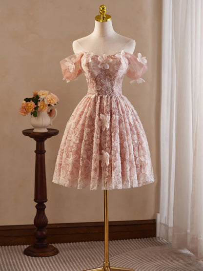 A-Line Off Shoulder Tulle Lace Pink Short Prom Dress, Pink Homecoming Dress ED0606