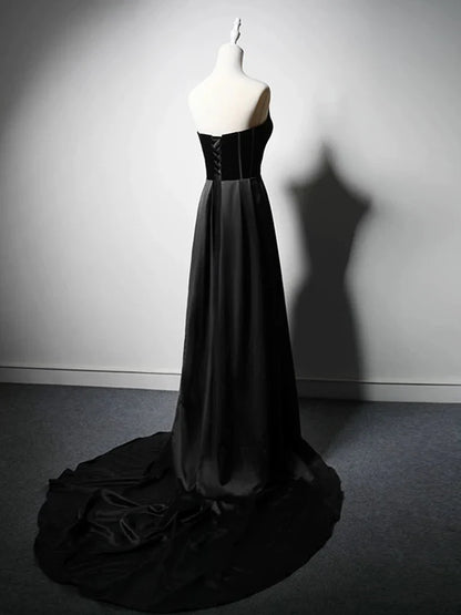 A-Line Satin Black Long Prom Dress, Black Long Formal Dress ED061