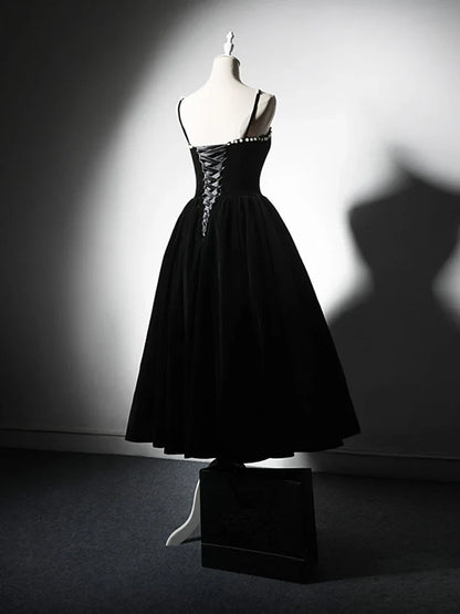 A-Line Velvet Tea Length Burgundy Prom Dress, Burgundy Cocktail Dress ED0611