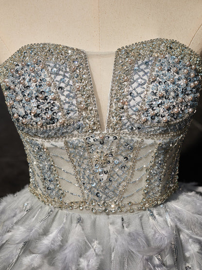 Gray Sweetheart Neck Tulle Beads Feather Short Prom Dress, Cute Gray Homecoming Dress ED0613