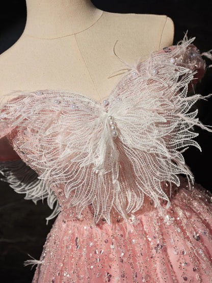Pink A-Line Tulle Lace Short Prom Dress, Pink Cocktail Dress ED0614