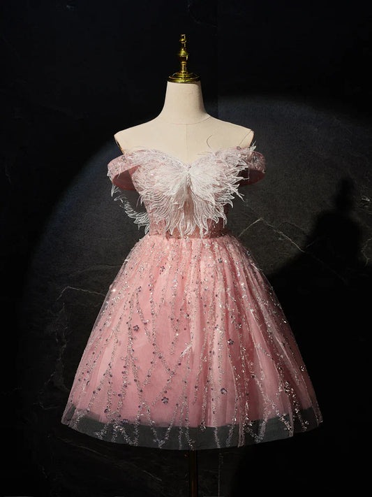 Pink A-Line Tulle Lace Short Prom Dress, Pink Cocktail Dress ED0614