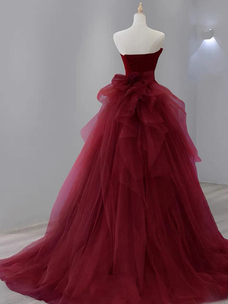 Mermaid Tulle Velvet Burgundy Long Prom Dress, Burgundy Long Evening Dress ED0615