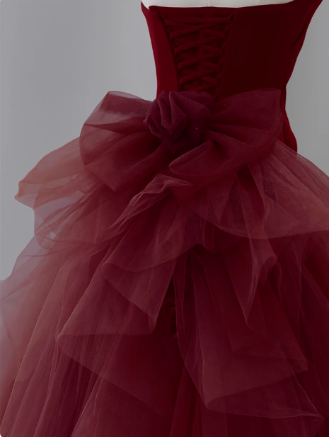 Mermaid Tulle Velvet Burgundy Long Prom Dress, Burgundy Long Evening Dress ED0615