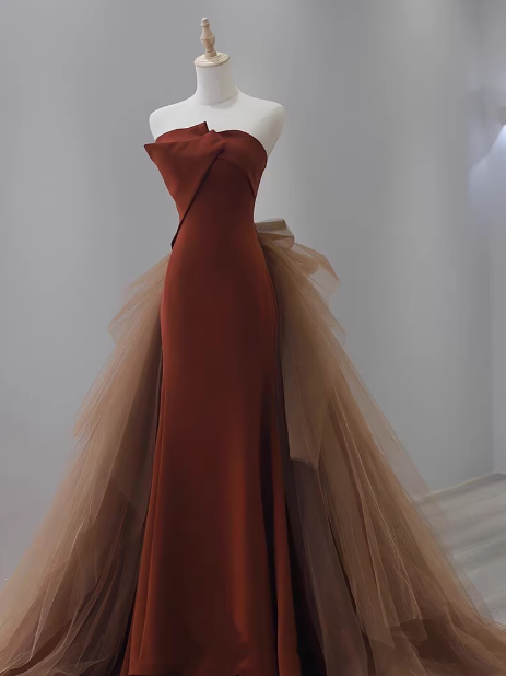 Mermaid Tulle Velvet Burgundy Long Prom Dress, Burgundy Long Evening Dress ED0615