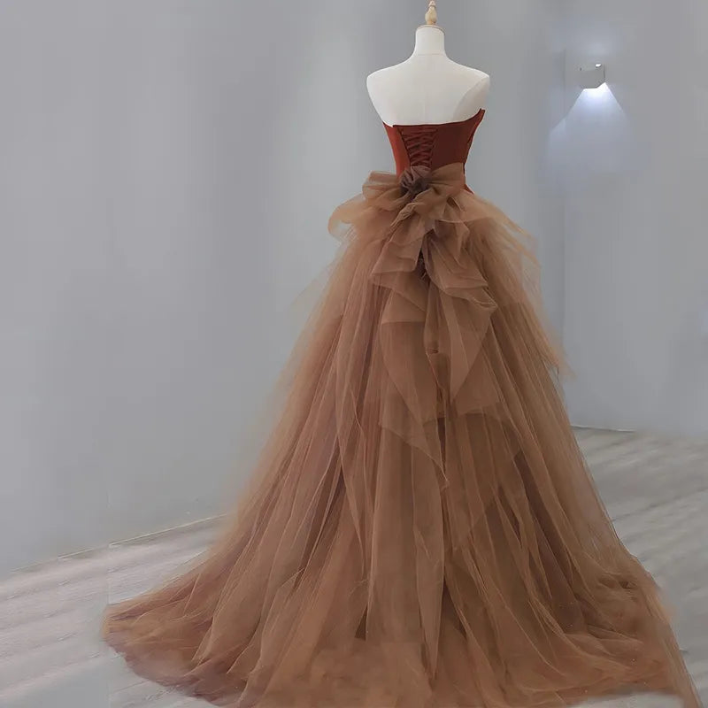 Mermaid Tulle Velvet Burgundy Long Prom Dress, Burgundy Long Evening Dress ED0615