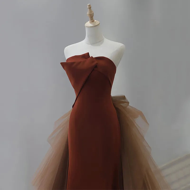 Mermaid Tulle Velvet Burgundy Long Prom Dress, Burgundy Long Evening Dress ED0615