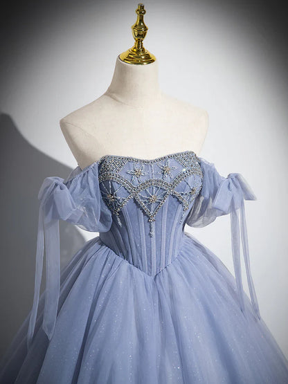 Blue A-Line Tulle Beads Long Prom Dress, Blue Long Formal Dress ED0616