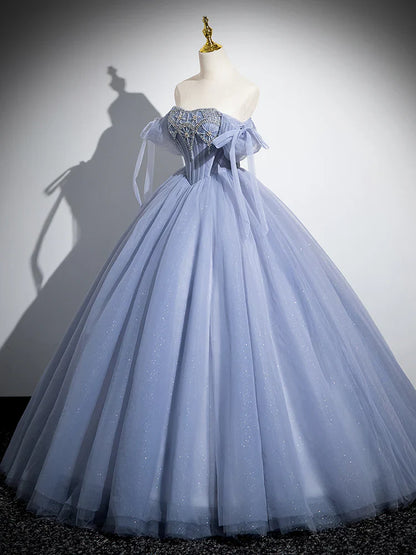 Blue A-Line Tulle Beads Long Prom Dress, Blue Long Formal Dress ED0616