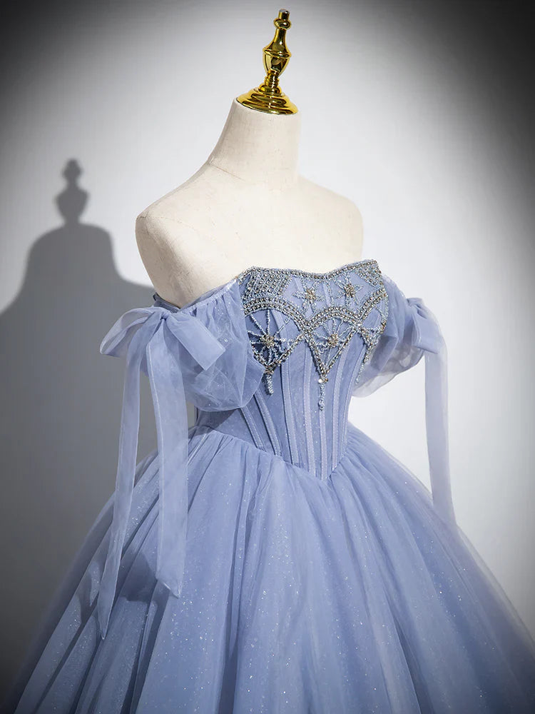 Blue A-Line Tulle Beads Long Prom Dress, Blue Long Formal Dress ED0616