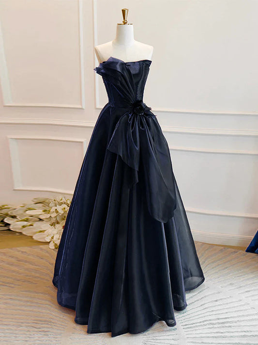 A-Line Off Shoulder Organza Dark Blue Long Prom Dress, Dark Blue Long Formal Dress ED0618