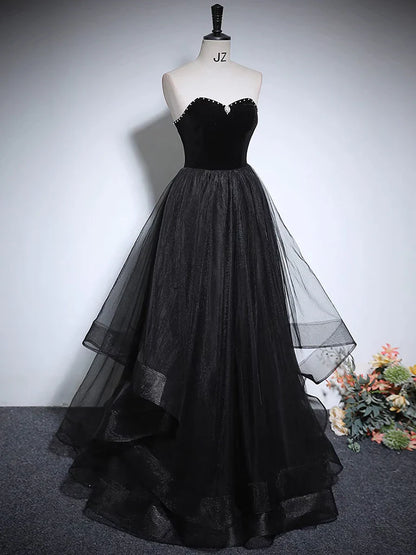 A-Line Tulle Black Long Prom Dress, Black Long Formal Dress ED0619