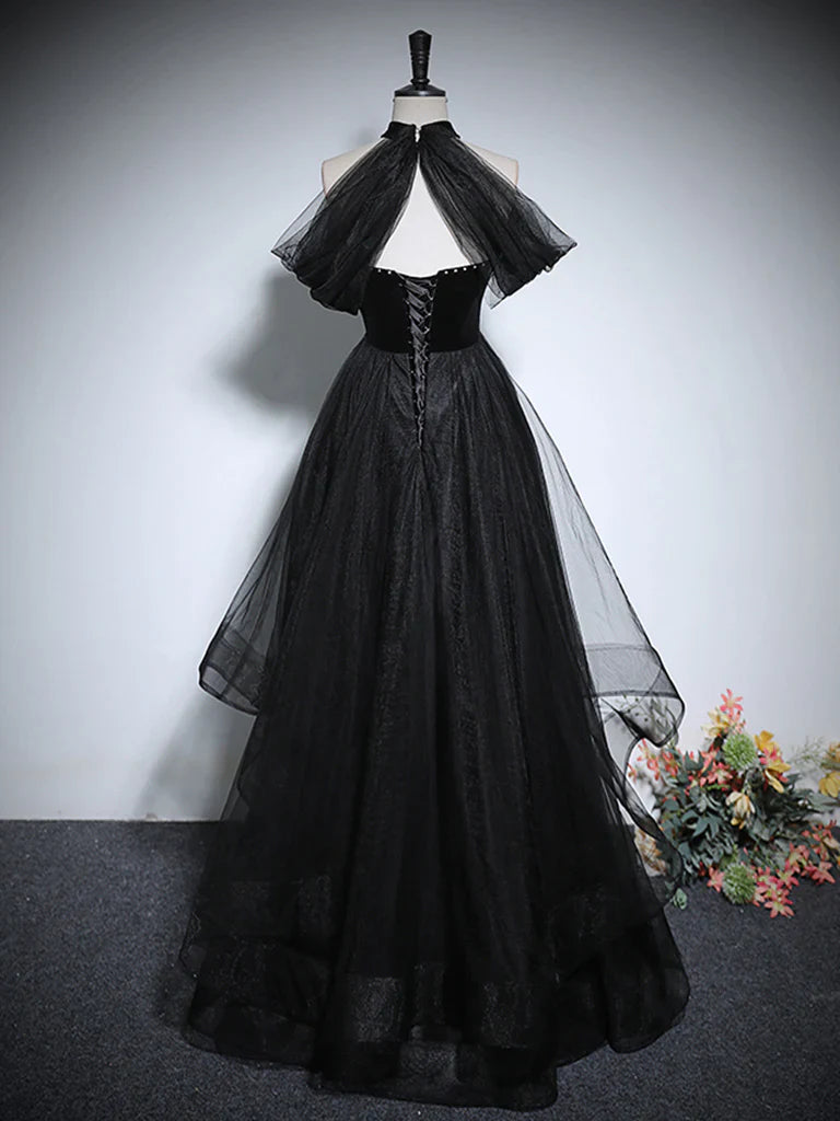 A-Line Tulle Black Long Prom Dress, Black Long Formal Dress ED0619