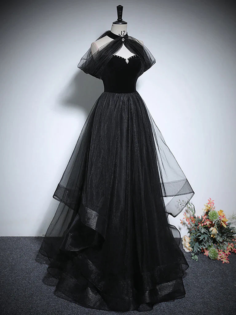 A-Line Tulle Black Long Prom Dress, Black Long Formal Dress ED0619