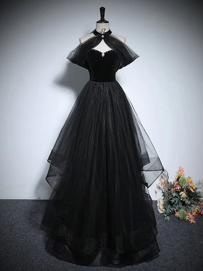 A-Line Tulle Black Long Prom Dress, Black Long Formal Dress ED0619