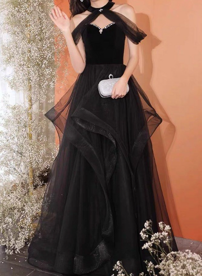 A-Line Tulle Black Long Prom Dress, Black Long Formal Dress ED0619