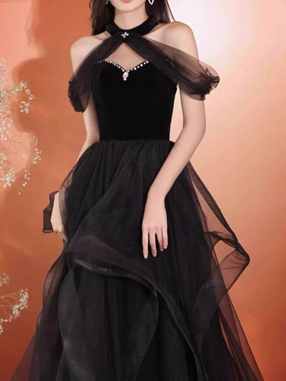 A-Line Tulle Black Long Prom Dress, Black Long Formal Dress ED0619