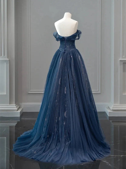 A-Line Off Shoulder Tulle Lace Dark Blue Long Prom Dress  ED062