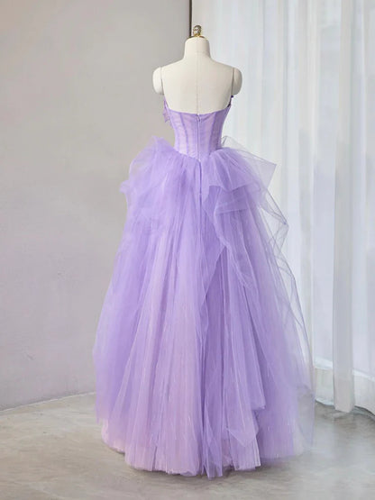 Purple Sweetheart Neck Tulle Applique Long Prom Dress, Purple Long Sweet 16 Dress ED0620