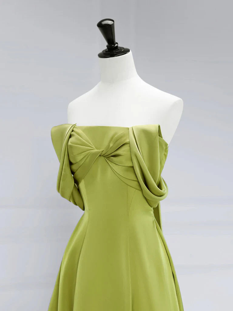 A-Line Off Shoulder Green Satin Long Prom Dress, Green Long Formal Evening Dress ED0621