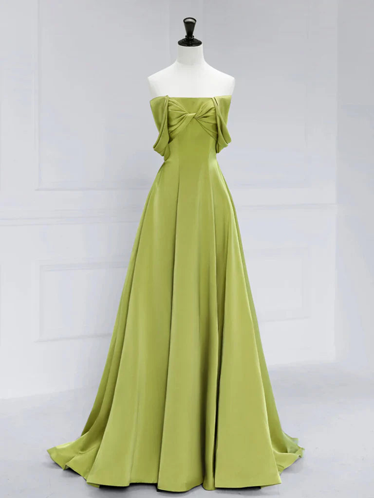 A-Line Off Shoulder Green Satin Long Prom Dress, Green Long Formal Evening Dress ED0621