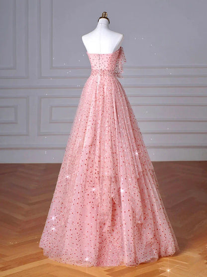 A-Line Pink Tulle Long Prom Dress, Pink Long Formal Dress ED0622