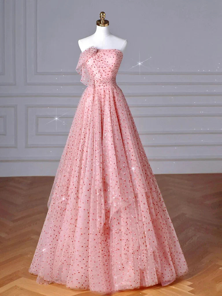 A-Line Pink Tulle Long Prom Dress, Pink Long Formal Dress ED0622
