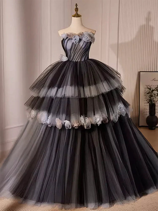 Black Tulle Long Prom Gown, Black Tulle Evening Dress ED0623