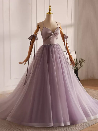 A-Line V Neck Tulle Beads Purple Long Prom Dress, Purple Long Formal Dress ED0624