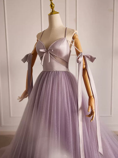 A-Line V Neck Tulle Beads Purple Long Prom Dress, Purple Long Formal Dress ED0624