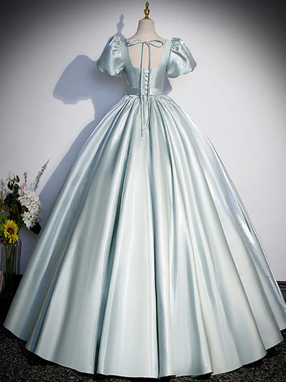 A-Line Blue Satin Long Prom Dress, Blue Long Formal Dress ED0625