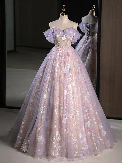 A-Line Sweetheart Neck Tulle Lace Purple Long Prom Dress, Purple Long Formal Dress ED0627
