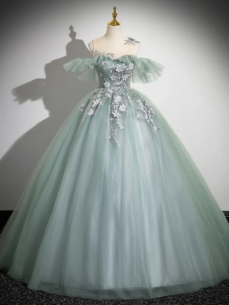A-Line Off Shoulder Tulle Lace Green Long Prom Dress, Green Long Formal Dress ED0629