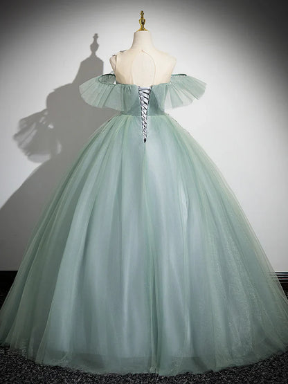 A-Line Off Shoulder Tulle Lace Green Long Prom Dress, Green Long Formal Dress ED0629