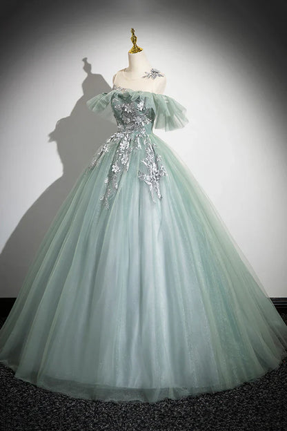 A-Line Off Shoulder Tulle Lace Green Long Prom Dress, Green Long Formal Dress ED0629